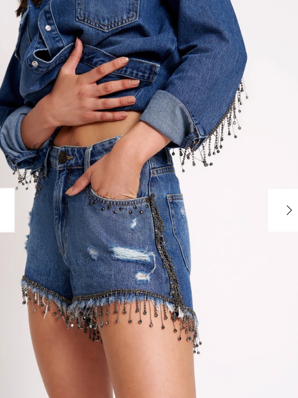 One Teaspoon Blue Denim Shorts with Beaded Fringe